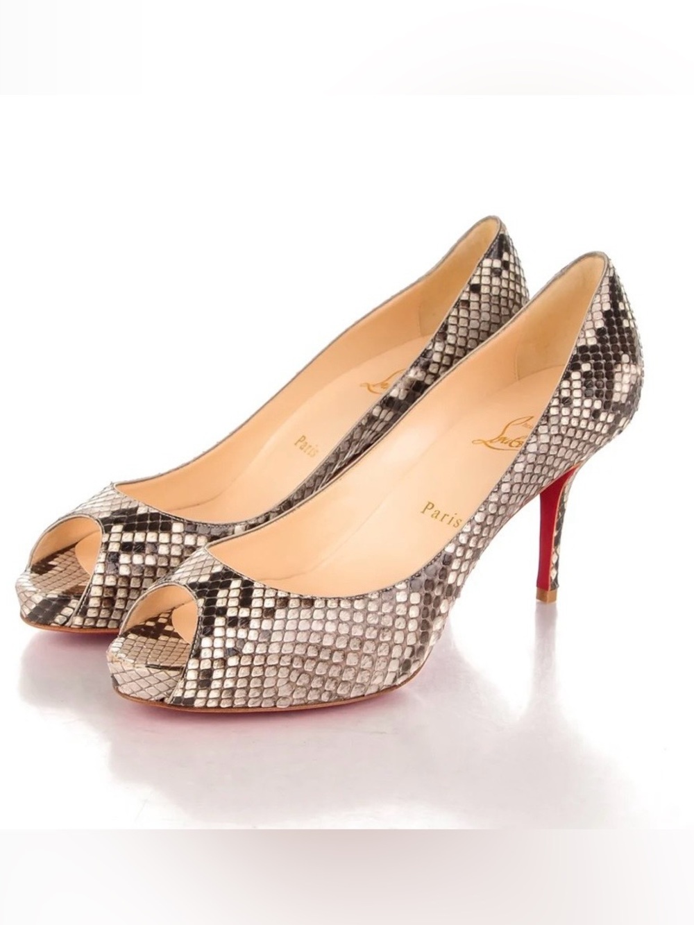 Christian Louboutin Black & White Snake-Print Peep-Toe Heels size 41 EU 10.5 /11